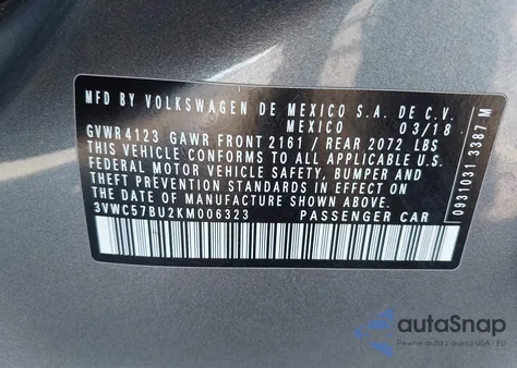 2019 Volkswagen Jetta 1.4T R-Line/1.4T S/1.4T Se z USA, uszkodzony, nr VIN 3VWC57BU2KM006323